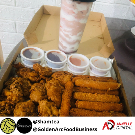 Buffalo chicken bites with mozzarella sticks and strawberry kitkat milk tea from Shamtea and Goldenarc food business