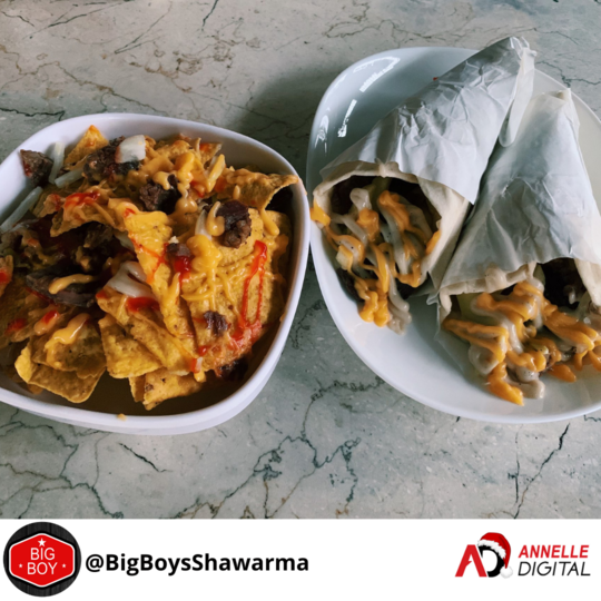 two orders of beef shawarma with a side of nachos from Big Boys Shawarma