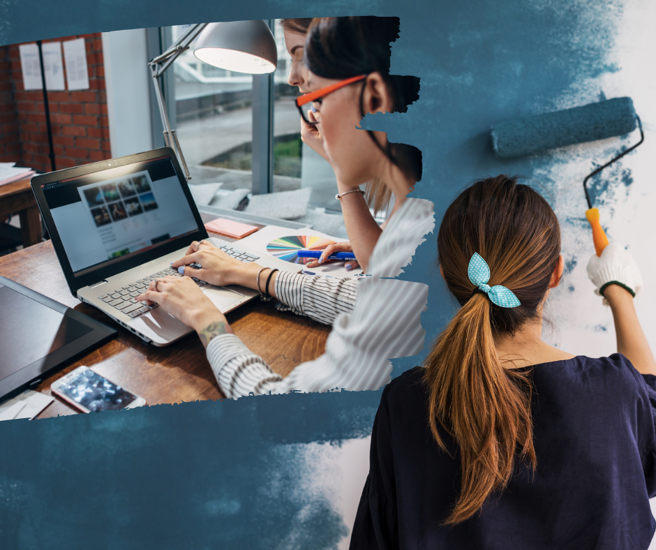 lady painting the wall and a lady redesigning a website in a laptop