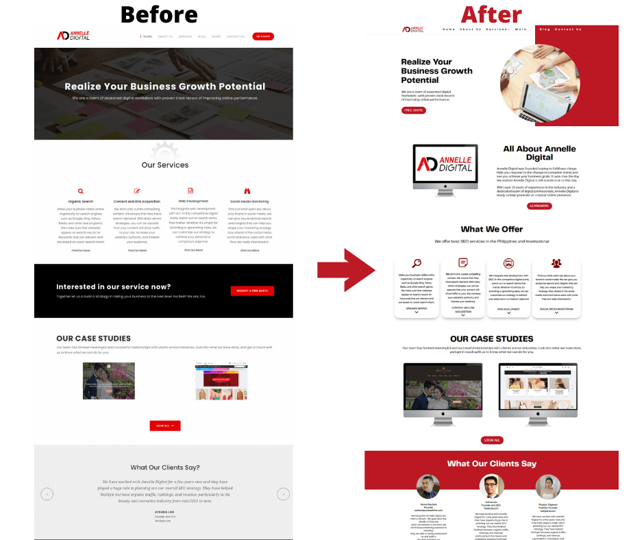 before and after screenshot of Annelle Digital's home page