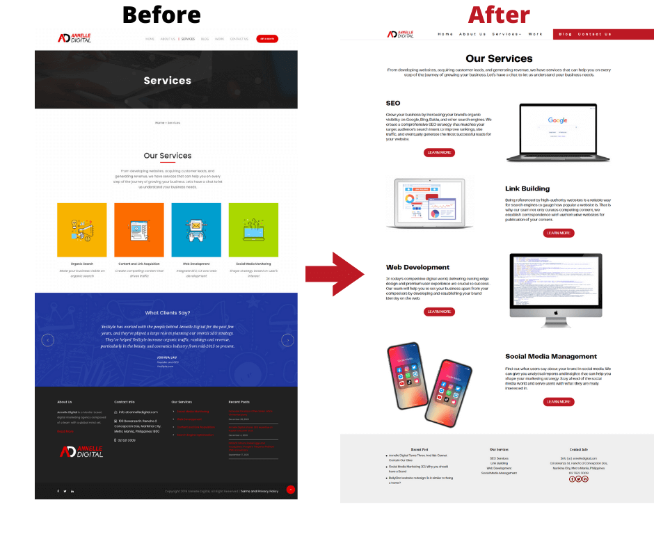 before and after screenshot of Annelle Digital's services page